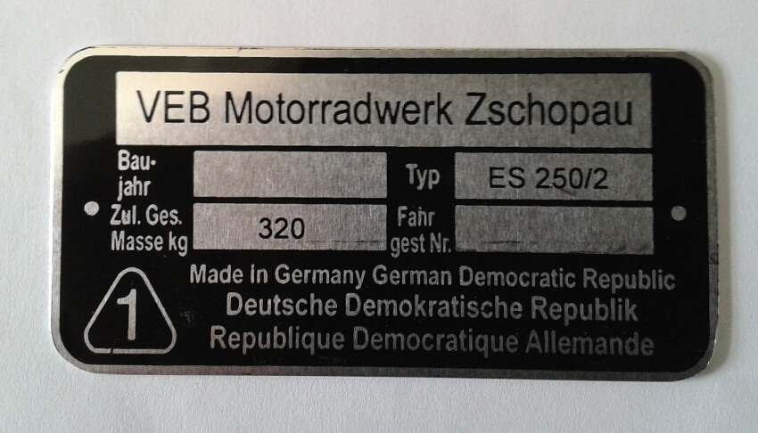 Replica VIN plate for ES250/2